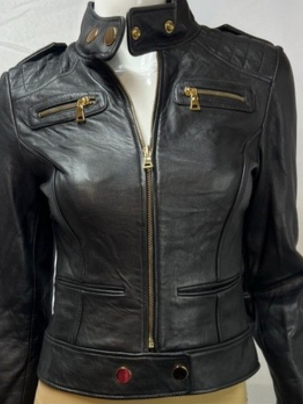 Vtg Victoria’s Secret Moda International Black Lamb Leather Quilted Moto Sz L